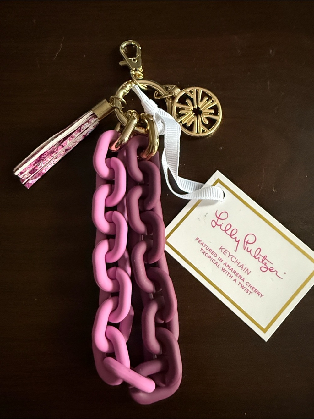 NWT Lilly Pulitzer Chain Link Lilly Logo Bag Charm Keychain in Amarena Cherry